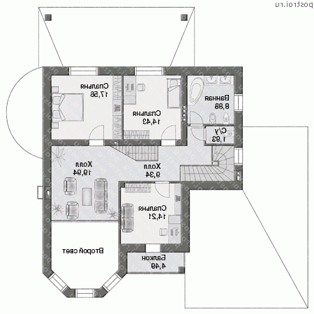 H-298-1P проект двухэтажного дома из пеноблоков с мансардой и гаражом размером 17 на 15  - 2-й этаж