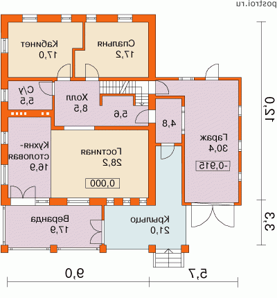 H-329-1P проект двухэтажного дома из пенобетона с цоколем и гаражом размером 15 на 15  - 1-й этаж