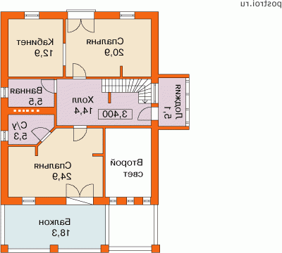 H-329-1P проект двухэтажного дома из пенобетона с цоколем и гаражом размером 15 на 15  - 2-й этаж