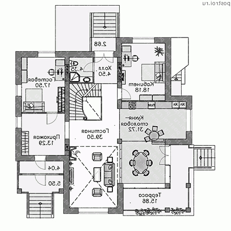 H-395-1P проект двухэтажного коттеджа из газобетона с цоколем размером 14 на 14 - 1-й этаж H-395-1P проект двухэтажного коттеджа из газобетона с цоколем размером 14 на 14 - 1-й этаж
