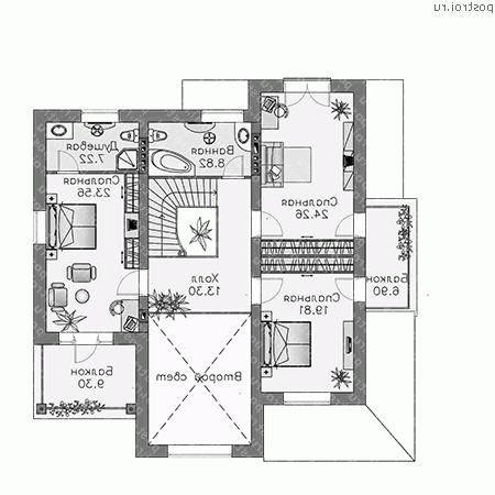 H-395-1P проект двухэтажного коттеджа из газобетона с цоколем размером 14 на 14 - 2-й этаж H-395-1P проект двухэтажного коттеджа из газобетона с цоколем размером 14 на 14 - 2-й этаж
