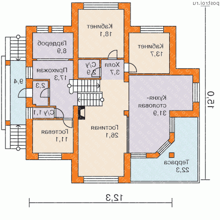 H-413-1P проект трехэтажного дома из газобетона с цоколем и мансардой и гаражом размером 15 на 12 - 1-й этаж