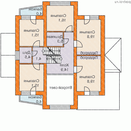 H-413-1P проект трехэтажного дома из газобетона с цоколем и мансардой и гаражом размером 15 на 12 - 2-й этаж