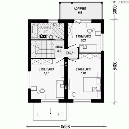 I-129-2P проект двухэтажного коттеджа из газобетона размером 9 на 9  - 2-й этаж