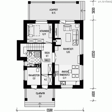 I-135-1P проект двухэтажного дома из газобетона размером 10 на 10  - 1-й этаж