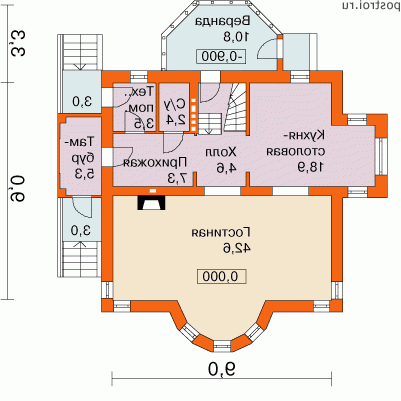 I-161-1P проект одноэтажного дома из пеноблоков с мансардой размером 9 на 9  - 1-й этаж