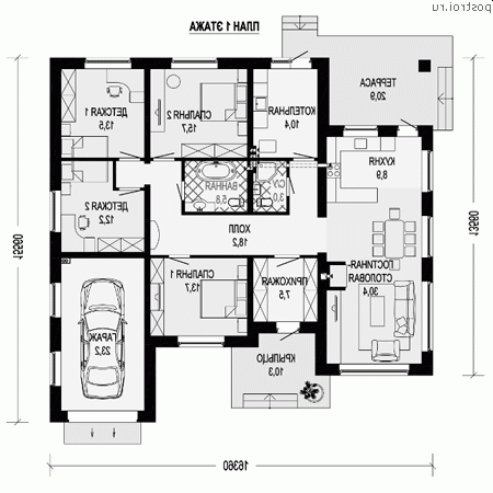 I-170-1P проект одноэтажного дома из пеноблоков с гаражом размером 16 на 14 - 1-й этаж