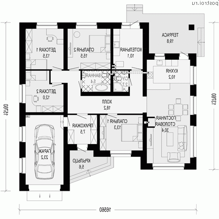 I-170-2P проект одноэтажного дома из пеноблоков с гаражом размером 17 на 14 - 1-й этаж