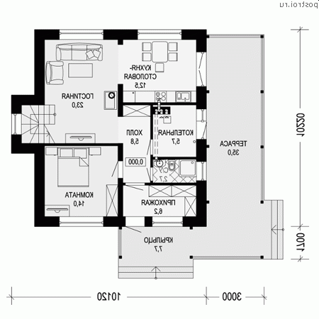 I-171-1P проект двухэтажного дома из пеноблоков размером 10 на 10 - 1-й этаж