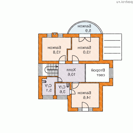 I-186-1P проект двухэтажного дома из пеноблоков с гаражом размером 10 на 14 - 2-й этаж
