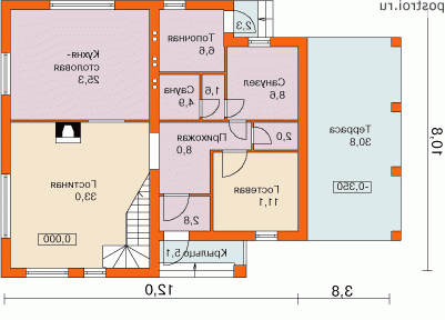 I-207-1P проект одноэтажного коттеджа из пенобетона с мансардой размером 11 на 16 - 1-й этаж