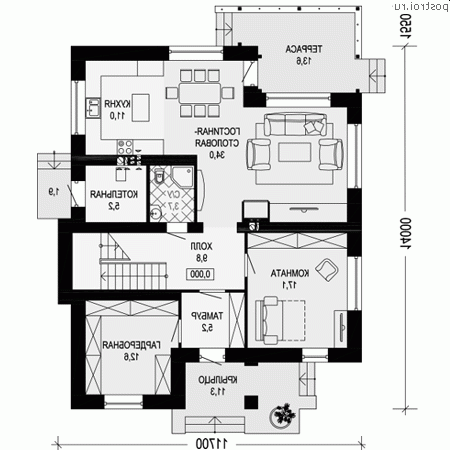 I-208-1P проект двухэтажного дома из пенобетона размером 12 на 14  - 1-й этаж