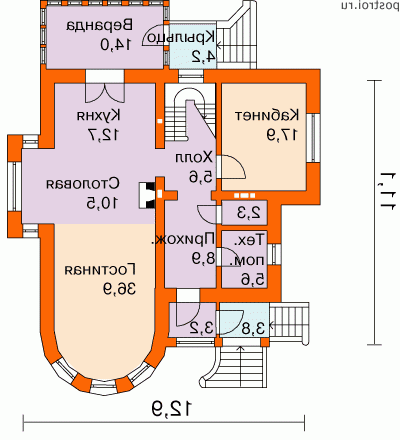 I-214-1P проект двухэтажного дома из пенобетона размером 11 на 13  - 1-й этаж
