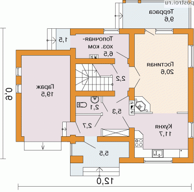 J-138-1P проект двухэтажного дома из газобетона с гаражом размером 9 на 12  - 1-й этаж
