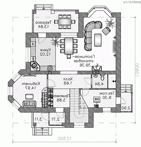 J-175-1P проект одноэтажного дома из пеноблоков с мансардой размером 13 на 12  - 1-й этаж