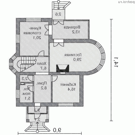 J-182-1P проект двухэтажного дома из пеноблоков размером 14 на 9  - 1-й этаж