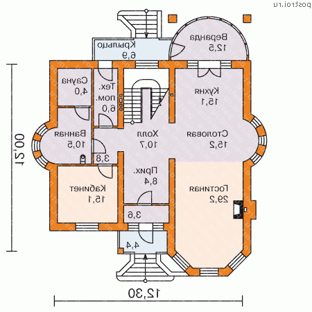 J-252-1P проект двухэтажного коттеджа из пеноблоков размером 12 на 12  - 1-й этаж