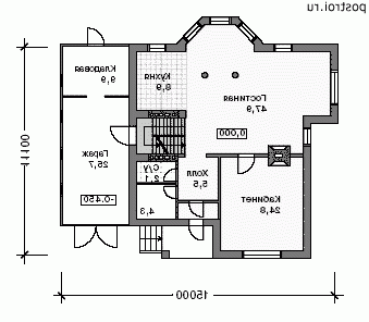 J-279-1P проект двухэтажного дома из пенобетона с цоколем и гаражом размером 11 на 15  - 1-й этаж