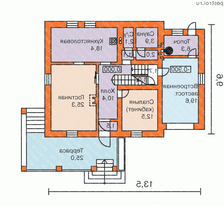 K-207-1P проект двухэтажного дома из пенобетона с гаражом размером 13 на 16  - 1-й этаж
