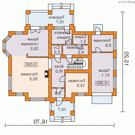 K-216-1P проект двухэтажного коттеджа из пеноблоков с гаражом размером 15 на 17  - 1-й этаж