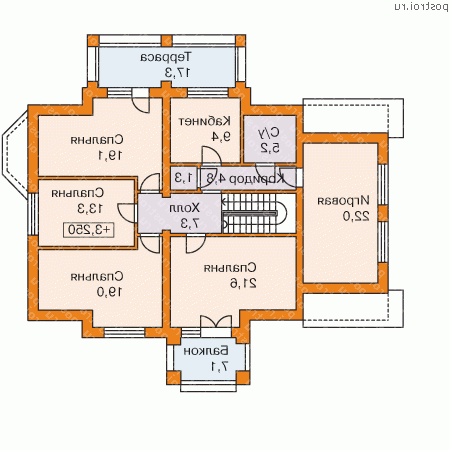 K-216-1P проект двухэтажного коттеджа из пеноблоков с гаражом размером 15 на 17  - 2-й этаж