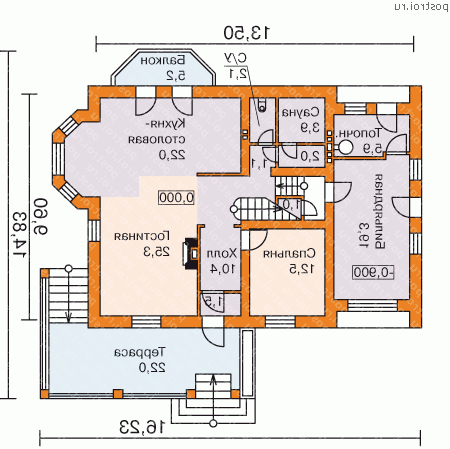 K-217-1P проект двухэтажного дома из пенобетона размером 15 на 16  - 1-й этаж