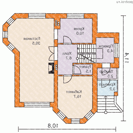 K-230-1P проект двухэтажного дома из газобетона с цоколем и гаражом размером 11 на 11  - 1-й этаж