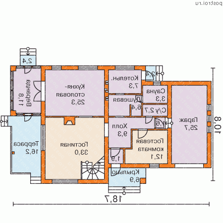 K-236-1P проект двухэтажного дома из газобетона с гаражом размером 11 на 19  - 1-й этаж