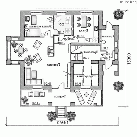 K-251-1P проект двухэтажного дома из газобетона с мансардой размером 12 на 15  - 1-й этаж