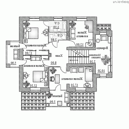 K-251-1P проект двухэтажного дома из газобетона с мансардой размером 12 на 15  - 2-й этаж