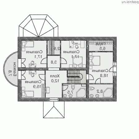 K-256-1P проект двухэтажного коттеджа из пеноблоков с гаражом размером 16 на 14 - 2-й этаж
