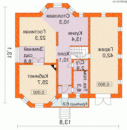 K-277-1P проект двухэтажного дома из пеноблоков с гаражом размером 13 на 14  - 1-й этаж