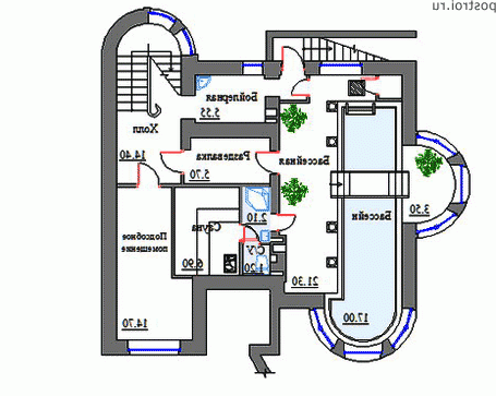K-279-1K проект двухэтажного дома из кирпича с цоколем и гаражом размером 15 на 18  - цоколь