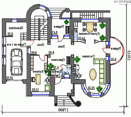 K-279-1K проект двухэтажного дома из кирпича с цоколем и гаражом размером 15 на 18  - 1-й этаж