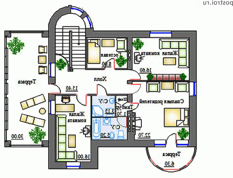 K-279-1K проект двухэтажного дома из кирпича с цоколем и гаражом размером 15 на 18  - 2-й этаж