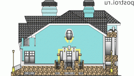 K-279-1K проект двухэтажного дома из кирпича с цоколем и гаражом размером 15 на 18  - вид слева