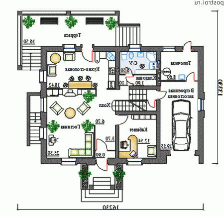 K-290-1P проект двухэтажного дома из пеноблоков с цоколем и гаражом размером 13 на 16  - 1-й этаж