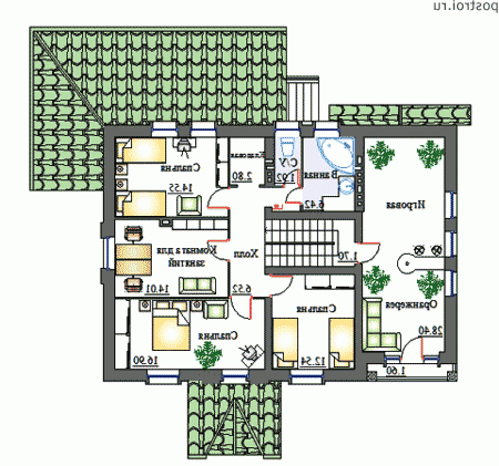 K-290-1P проект двухэтажного дома из пеноблоков с цоколем и гаражом размером 13 на 16  - 2-й этаж