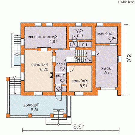 K-292-1P проект двухэтажного дома из пеноблоков с цоколем и гаражом размером 10 на 14  - 1-й этаж