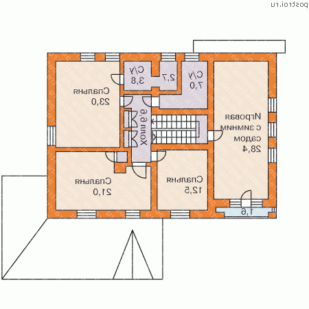 K-292-1P проект двухэтажного дома из пеноблоков с цоколем и гаражом размером 10 на 14  - 2-й этаж