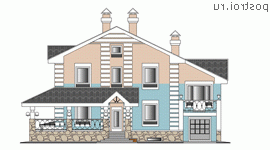 K-292-1P проект двухэтажного дома из пеноблоков с цоколем и гаражом размером 10 на 14  - вид спереди