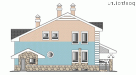 K-292-1P проект двухэтажного дома из пеноблоков с цоколем и гаражом размером 10 на 14  - вид сзади
