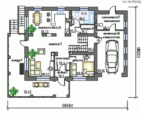 K-306-1P проект трехэтажного коттеджа из пенобетона с цоколем и мансардой и гаражом размером 12 на 16  - 1-й этаж