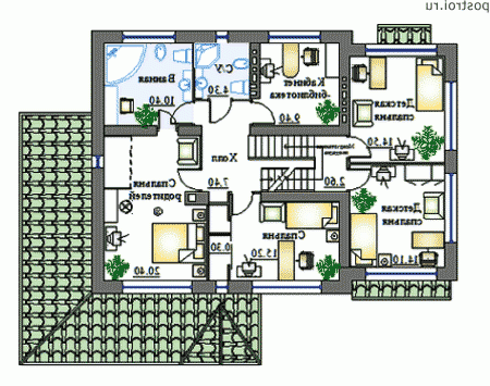 K-306-1P проект трехэтажного коттеджа из пенобетона с цоколем и мансардой и гаражом размером 12 на 16  - 2-й этаж