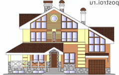 K-306-1P проект трехэтажного коттеджа из пенобетона с цоколем и мансардой и гаражом размером 12 на 16  - вид спереди