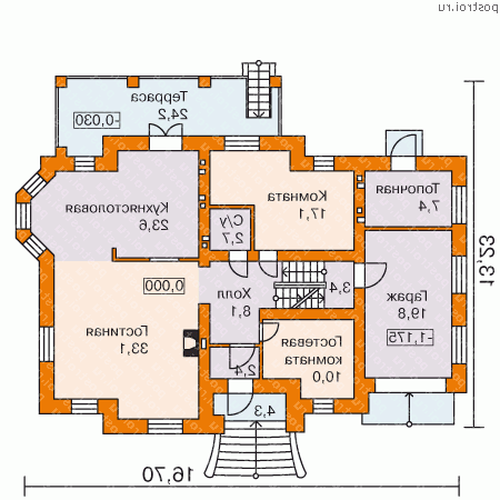 K-371-1P проект двухэтажного дома из газобетона с цоколем и гаражом размером 13 на 17  - 1-й этаж