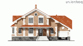 K-371-1P проект двухэтажного дома из газобетона с цоколем и гаражом размером 13 на 17  - вид спереди