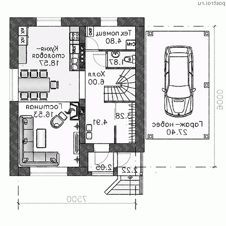 L-112-1P проект одноэтажного коттеджа из пенобетона с мансардой и гаражом размером 9 на 8  - 1-й этаж