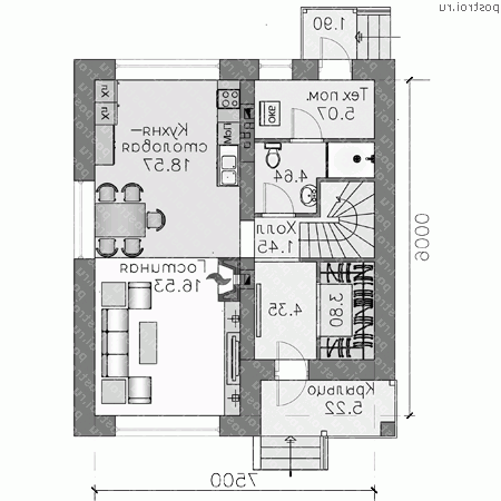 L-113-1P проект двухэтажного коттеджа из пенобетона размером 9 на 8  - 1-й этаж