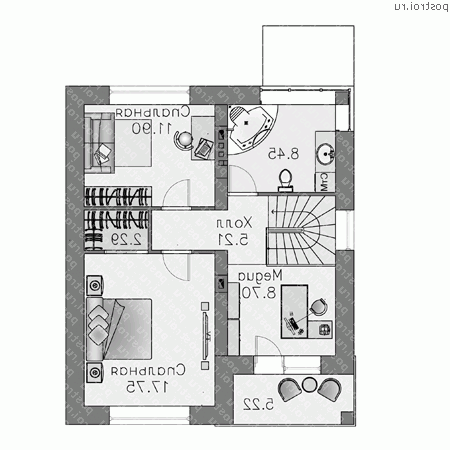 L-113-1P проект двухэтажного коттеджа из пенобетона размером 9 на 8  - 2-й этаж (вариант 2)